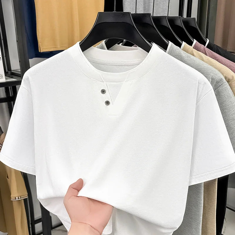 Men's Henley T-Shirt - Short Sleeve Button Detail, Layered Look