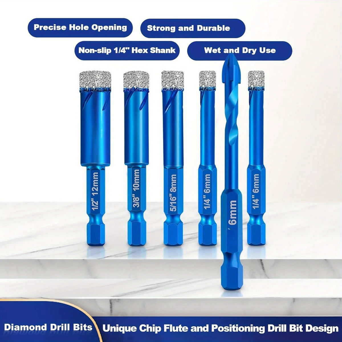 6 Pc Tile Drill Bit Set for Porcelain, Marble & Granite