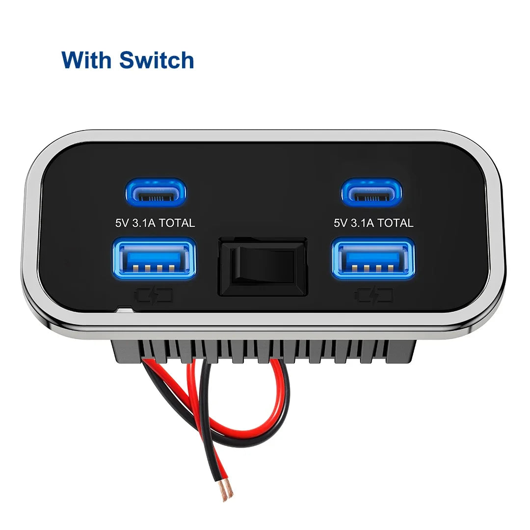 12V-24V 4 Ports Dual USB PD3.0 QC3.0 Outlet 76W Type-C Quick Charge Panel Wall Mount Charger Adapter for Marine Bus ATV Truck RV