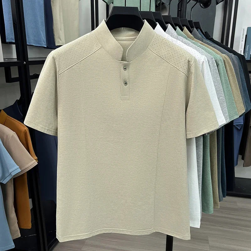 Men's Mandarin Henley Tee - Hollow-Grain Shoulder, Cool Lightweight