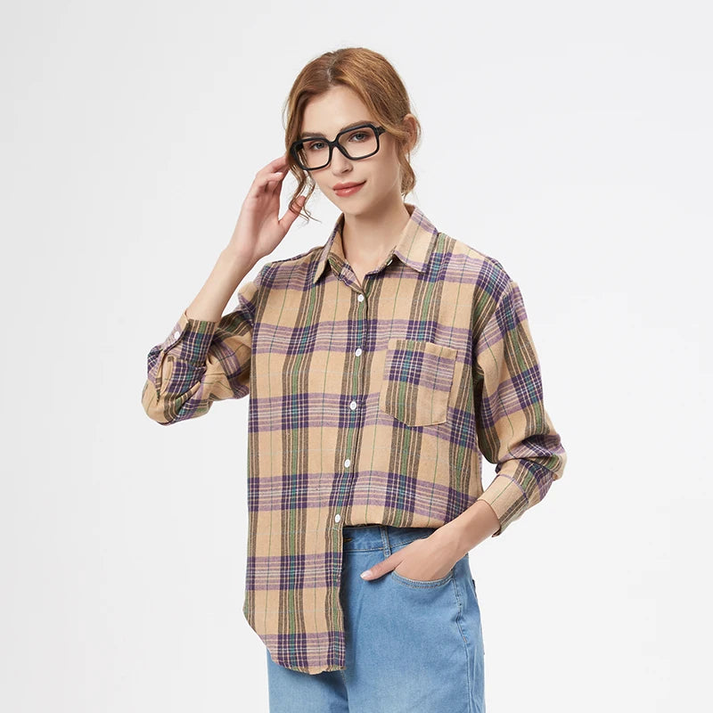 Women's Plaid Long Sleeve Shirt - Loose Casual Button-Up Blouse