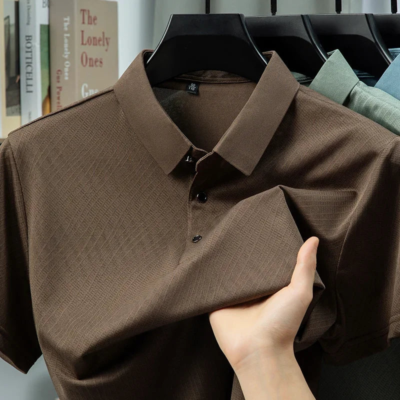 Men's Textured Polo Shirt - Solid Lapel, Breathable Office Casual
