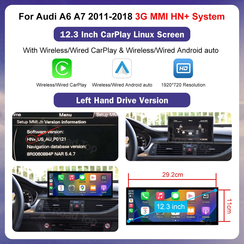 Road Top Multimedia Stereo For Audi A6 C6 C7 A7 2011-2018 Wireless CarPlay GPS Navi Radio Player Bluetooth 12.3" Touch Screen