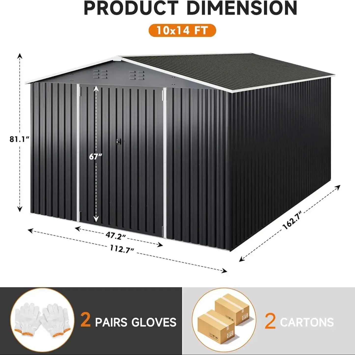 10x14 ft Galvanized Steel Lockable Garden Storage Shed