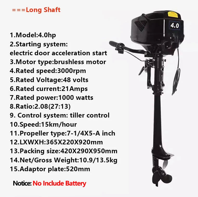 1000W 48V HANGKAI Fishing Boat 4HP Electric Outboards Short/Long Shaft Heavy Duty Marine Motor Engine Propeller Trolling