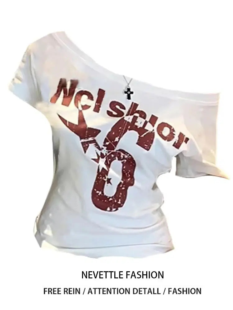 Summer Y2k Sport Off shoulder Top Women Sexy Vintage 2000s Short sleeve T shirt Lady Body Basic Crop Top Female Casual