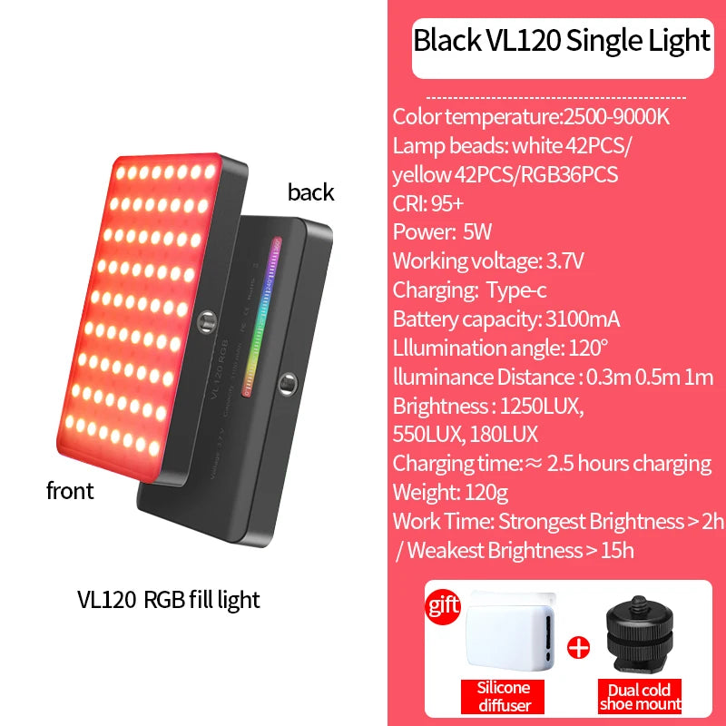 Ulanzi VL120 RGB Camera Phone Video Light Selfie Fill Light Portable 3100mAh Photography Lighting for Smartphone Vlog Tiktok