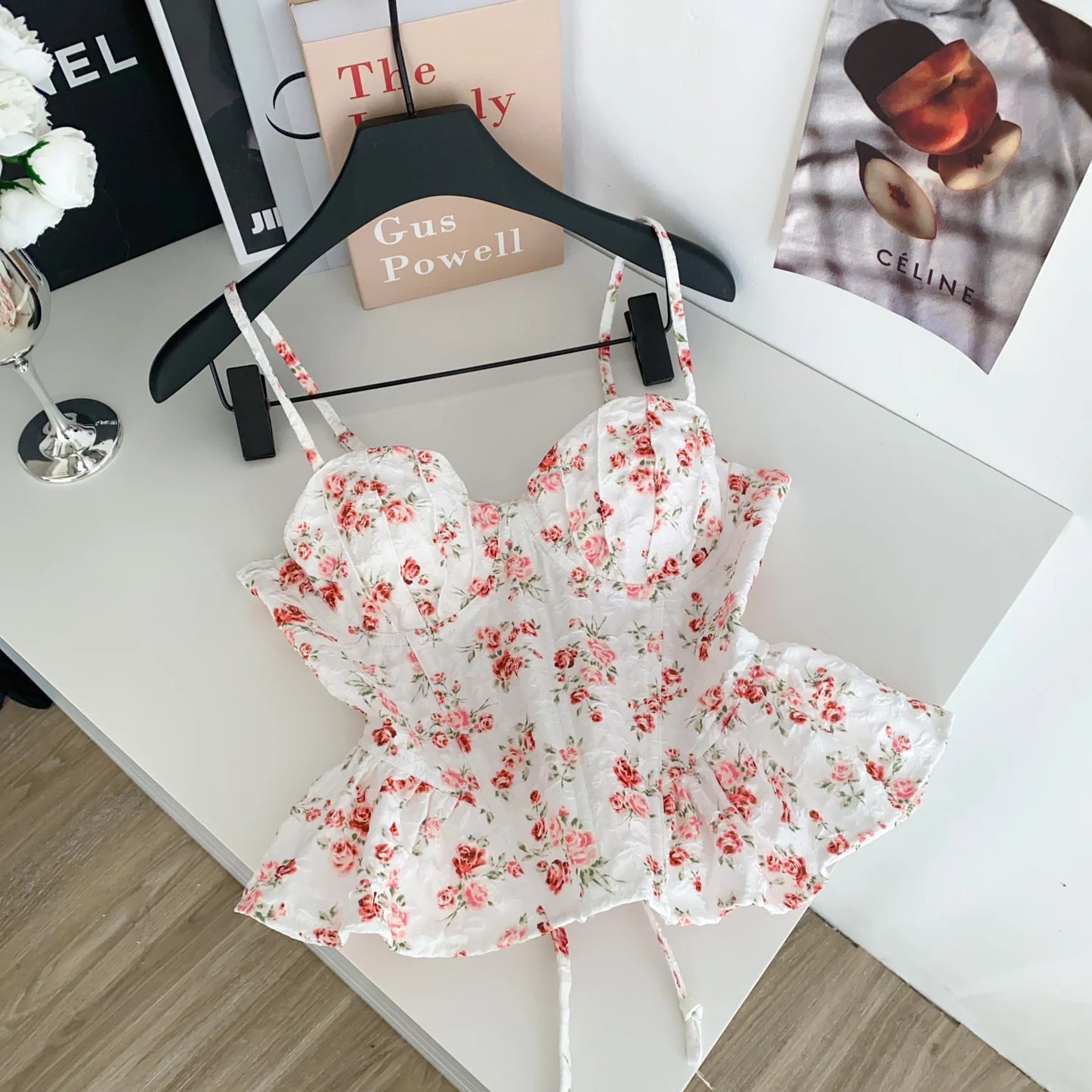 Sexy Slim Corset ruffle print Chic Korean Camis Tank Top Basic Fashion Off Shoulder Summer Women Clothing