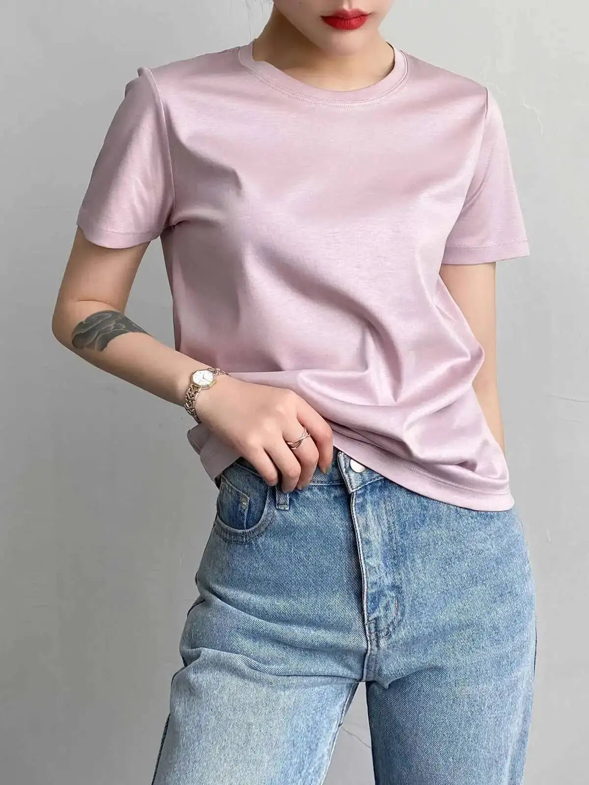 Women's Luxury Mulberry Silk Cotton T-Shirt – Loose Round Neck Short Sleeve Solid Basic Top