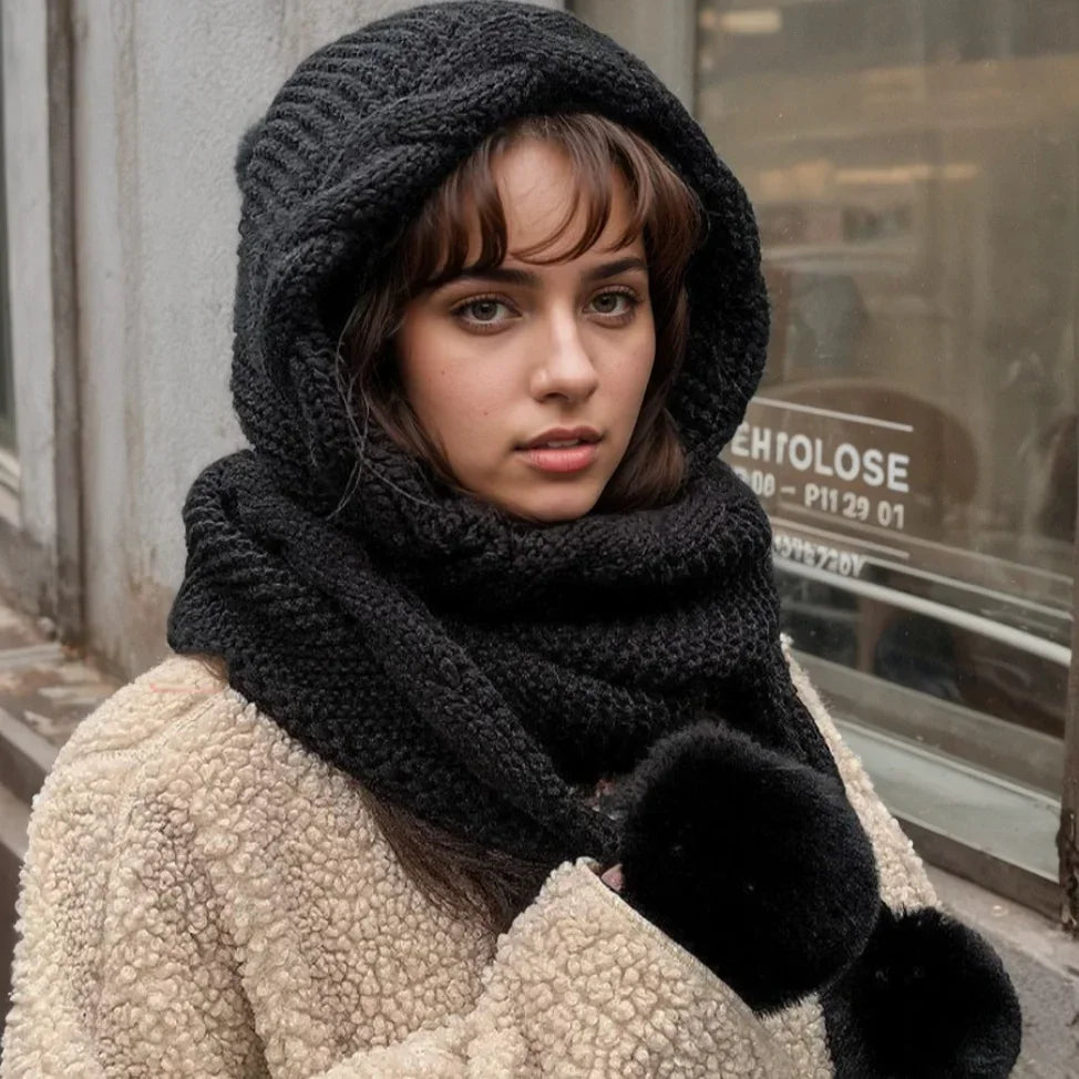 Women's Pom Beanie with Attached Scarf - Knit Balaclava Hat Set - photo 7