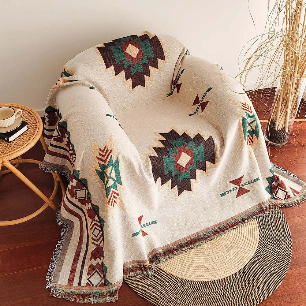 Aztec Boho Throw Blanket with Fringe