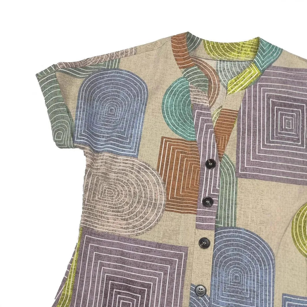 2026 European and American women's clothing foreign trade Amazon summer geometric printing elegant V-neck button up dress