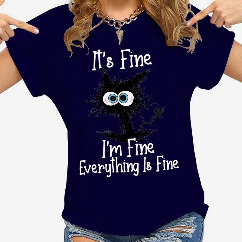 Women Clothes Cat It's Fine I'm Fine Everything Is Fine Print T-shirts Summer Casual Loose Personalized T-shirts