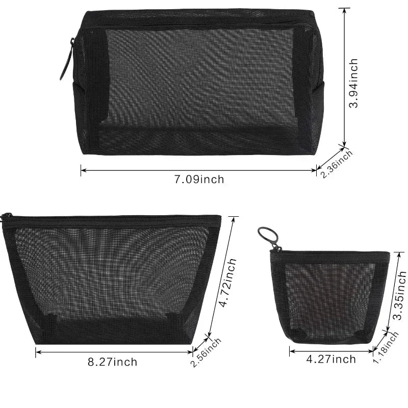 12-1PCS Clear Mesh Storage Bag Small Large Black Cosmetic Bag Portable Travel Toiletry Container Pouches Bags Bathroom Organizer