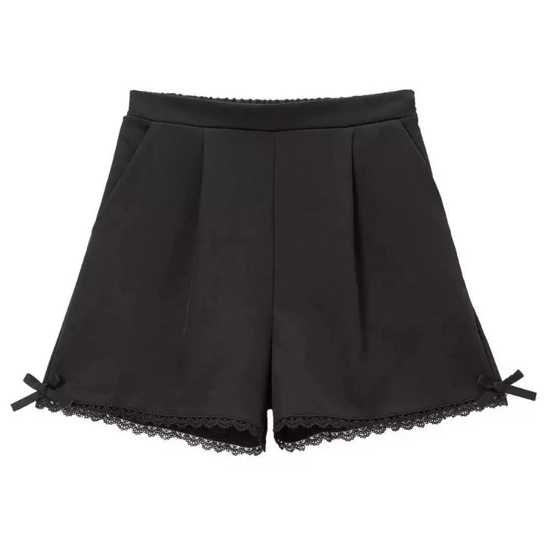 Japanese Gothic Y2k Lolita Shorts Women's Sweet Ruffles Bow High Waist Short Pants Cute Girls Harajuku Casual Loose Black Shorts