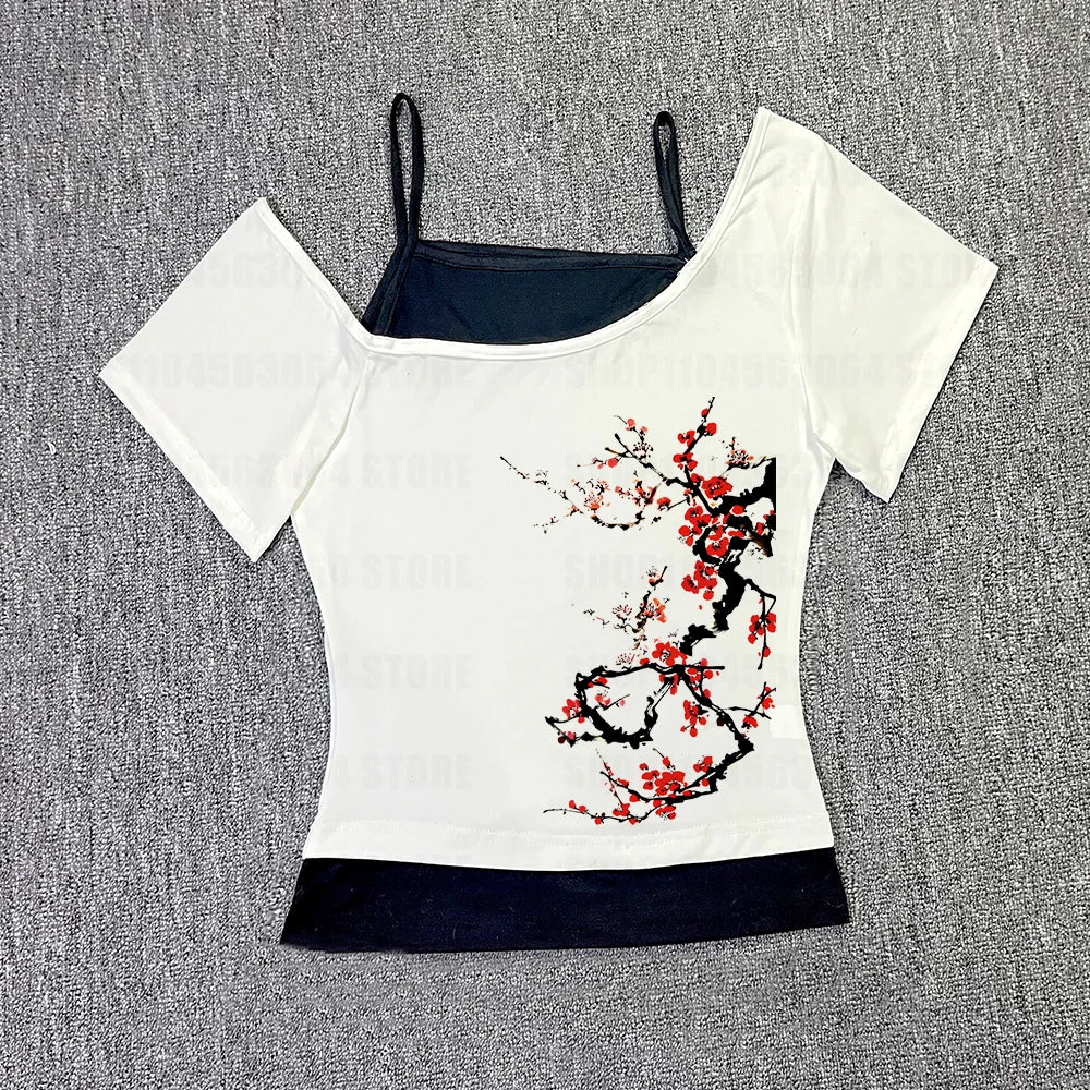Y2K streetwear Vintage Crop Top Punk Women Flower Print sexy Baby Tee Fashion 2000s Top Y2k Style personality Emo Girls 
