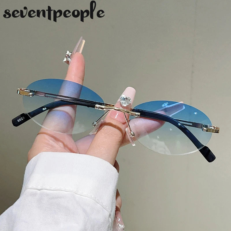 Rimless Oval Sunglasses for Women — Gold Metal, Gradient Lens