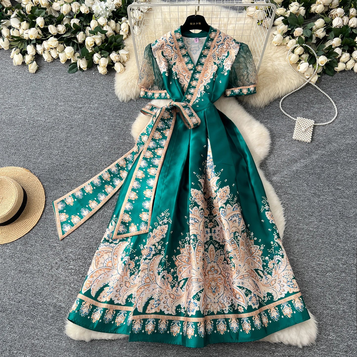 Vintage Dresses French Retro Style Printed Dress Women's Summer Tie High Street Design Chic Long Fashion Vestidos