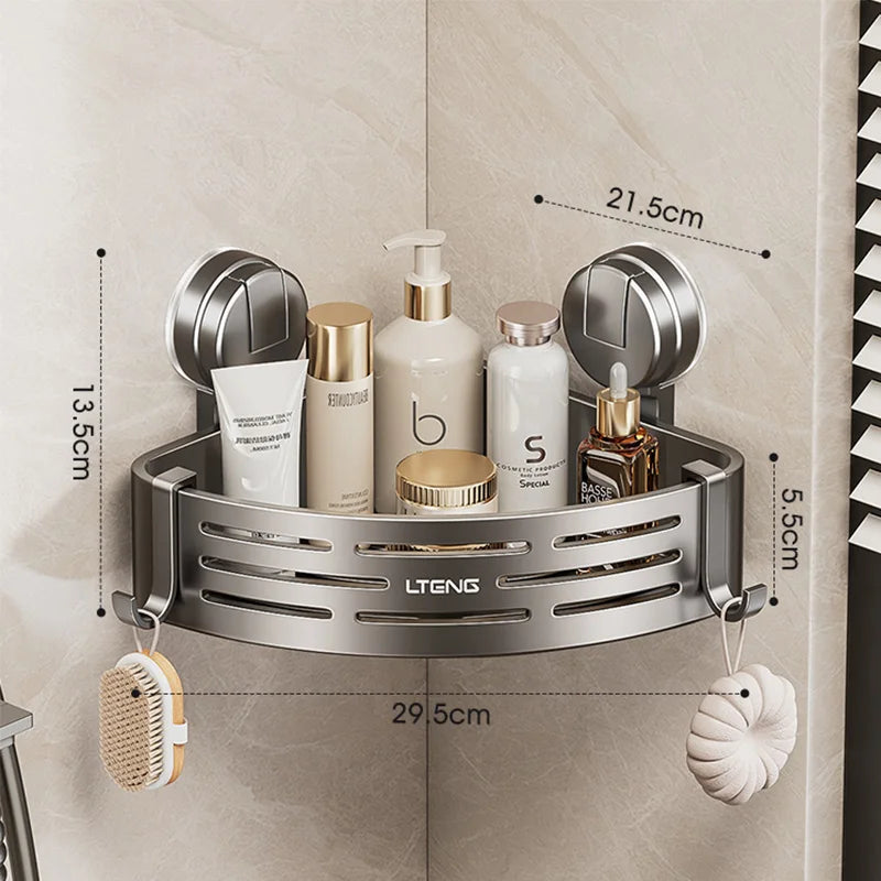 No-Drill Suction Cup Corner Shower Shelf – Stainless Steel Bathroom Organizer with Hooks | Anti-Rust