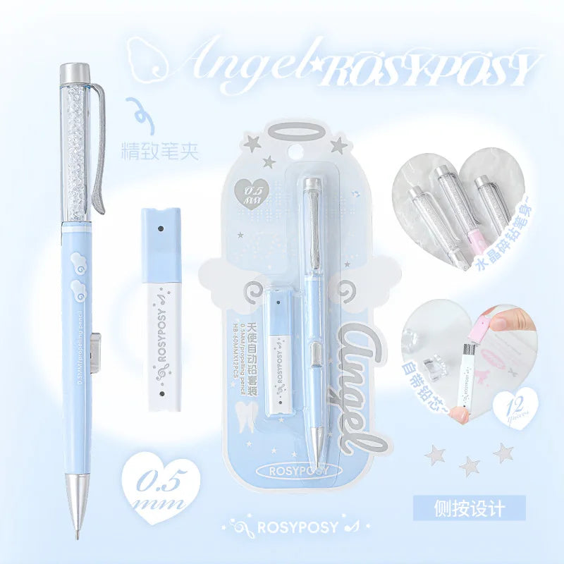 Angel Automatic Lead Set High Appearance Girl Heart Shiny Crystal Pen Holder 0.5HB Student Button Pencil and Lead Core