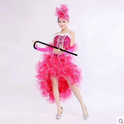 Women's pink sequin jazz costume set with top, skirt and cuffs