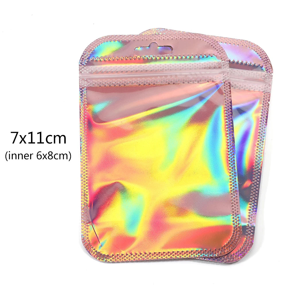 50pcs/lot Pink Laser Ziplock Bags Reusable Plastic Transparent Bags for Jewelry Packaging Cosmetic Retail Display Bags