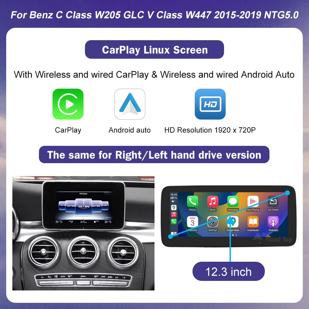 Wireless Carplay Linux Screen for Mercedes Benz W205 GLC A C V Class W447 CLA GLA 2026-2026 GPS With Android Auto Car Multimedia