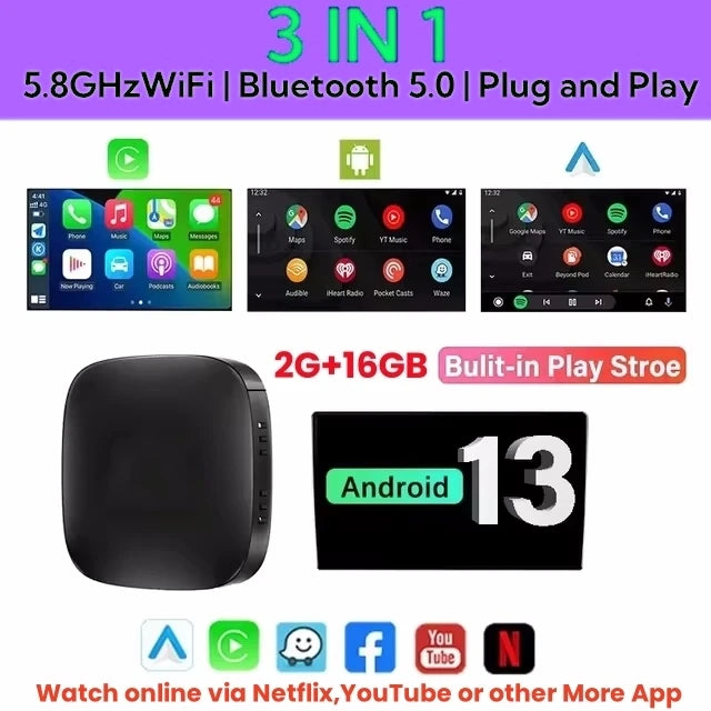 Android 13 Wireless CarPlay & Android Auto AI TV Box (YouTube, Netflix)