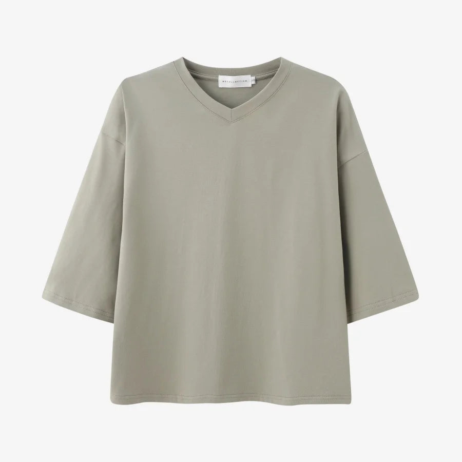 AS 2026 summer loose design drop sleeves boxy Tee V neck casual style high quality fabric woman clothes