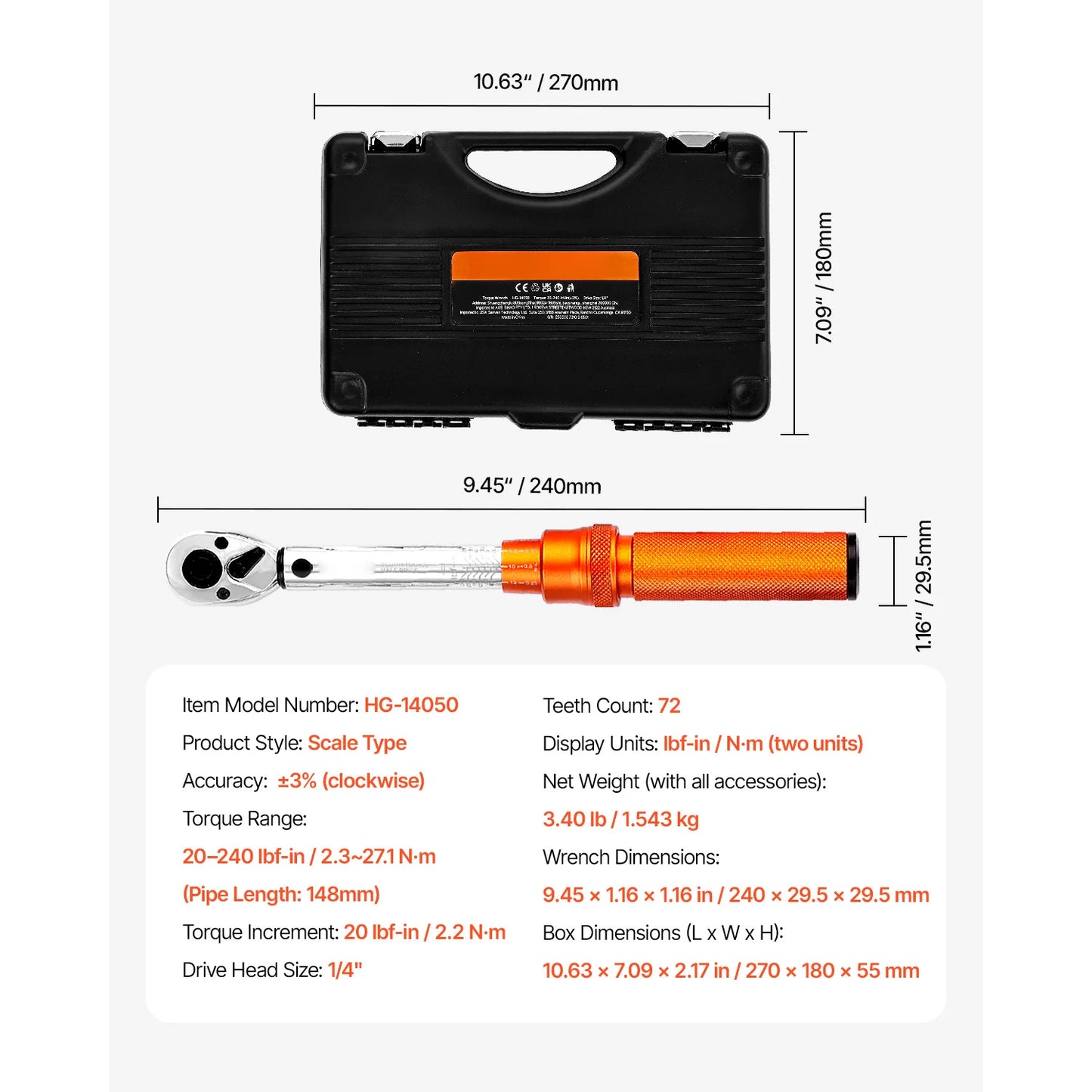 SucceBuy Mechanical Click Torque Wrench Set – Dual-Direction Adjustable Drive Wrench with Dual Range Scales | Multiple Torque Ranges | Auto & Precision Tool