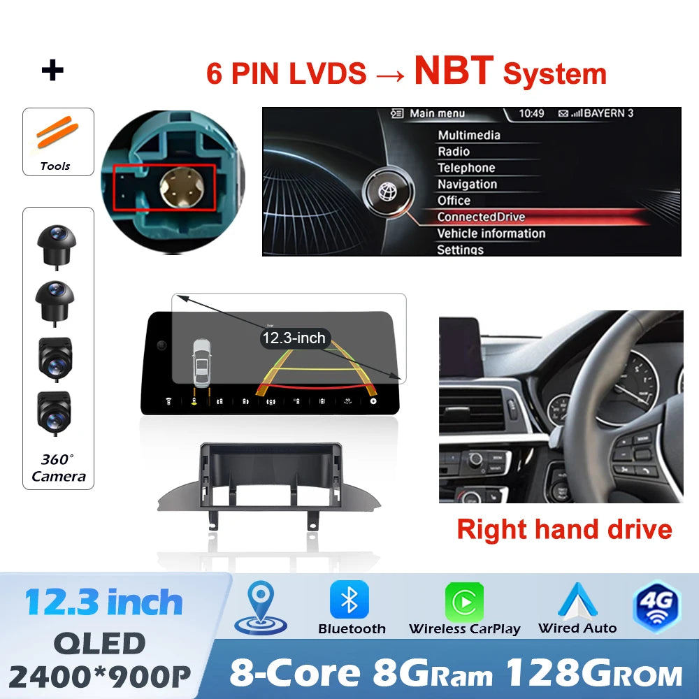 12.3" Right-Hand-Drive Wireless CarPlay & Android Auto Screen, Compatible with BMW 3 4 Series F30 F32