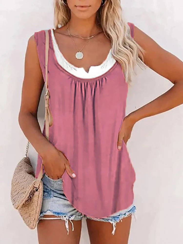 Summer ladies new casual loose solid color patchwork sleeveless blouse knitted vest women