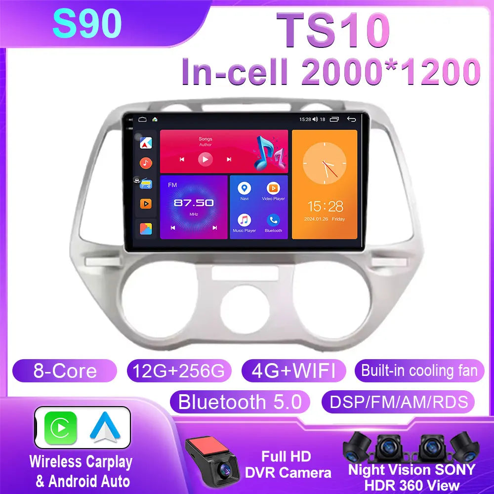 Android 16 Carplay For Hyundai i20 2008 2009 2010 2011 2012 Car Radio Stereo Multimedia Video Player DSP GPS 4G WIFI QLED Screen