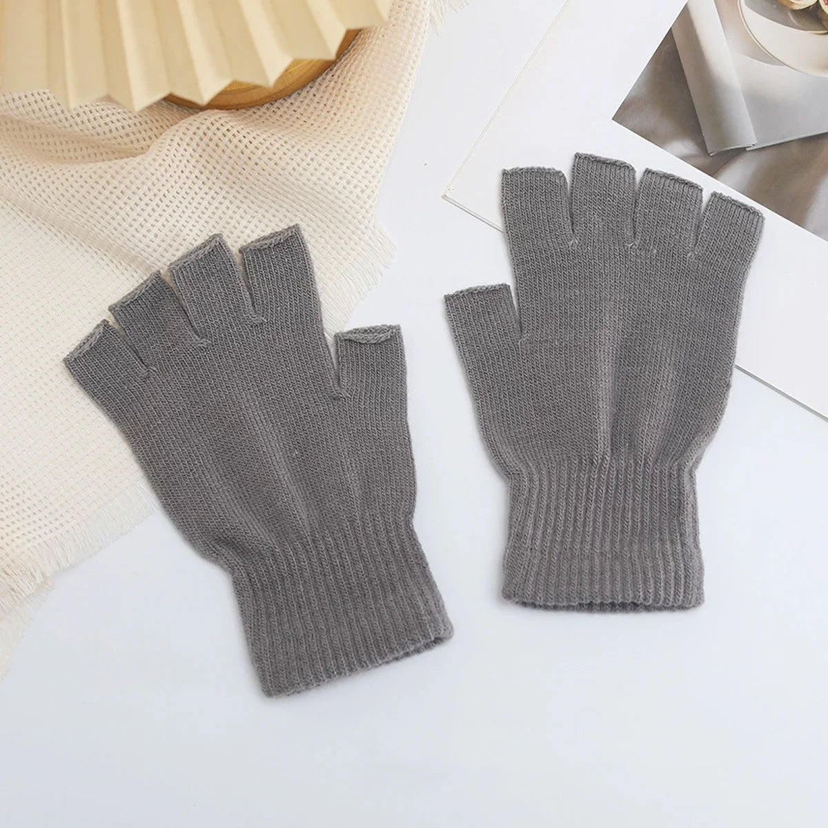 Knit Half Finger Gloves - Stretchy Fingerless Mittens, 1 Pair - photo 8