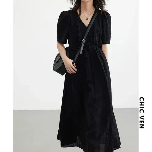 CHIC VEN Women's French V-Neck Puff-Sleeve Maxi Dress — Black