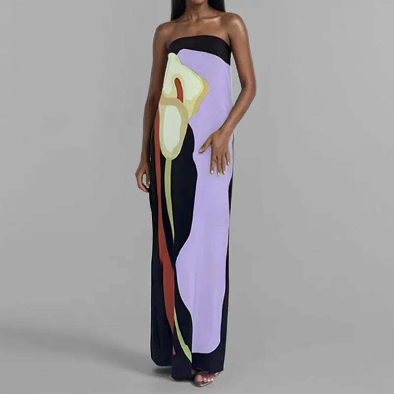 2026 Summer Women Strapless Backless Flower Printed Long Dress Women Sleeveless Off Shoulder Vestidos Plus Size S-3XL Streetwear