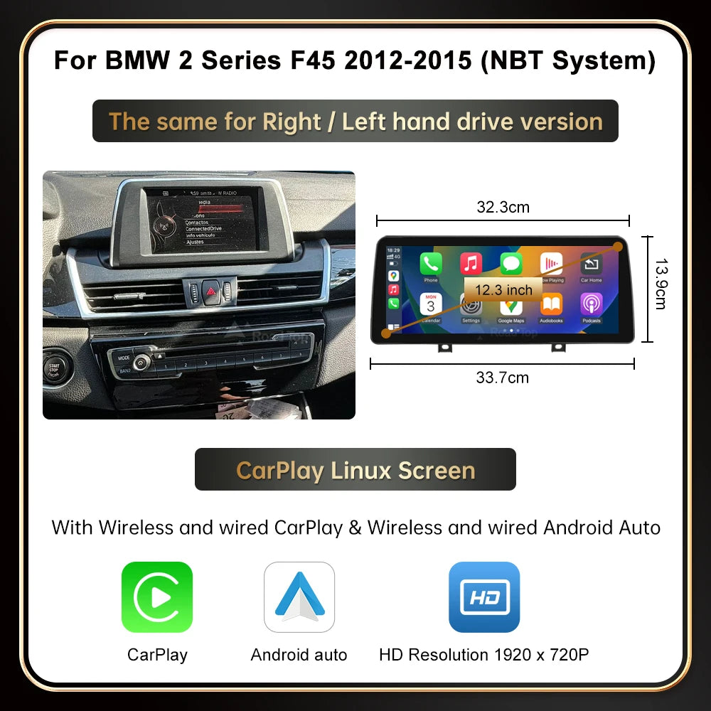 12.3" Wireless CarPlay & Android Auto Display Screen, Compatible with BMW 1 2 Series F20 F21 F22 F23 F45 (NBT)