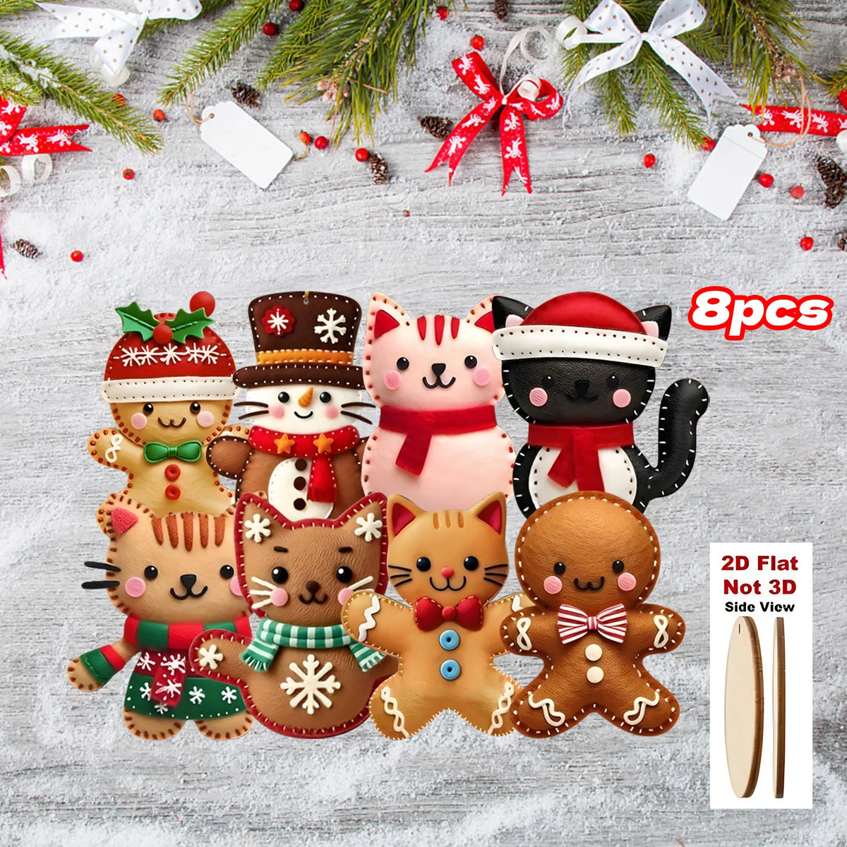 2D Flat Gingerbread Cat Tree Toppers Artificial Wood Christmas Ornaments with Hanging Loop Xmas Tree Holiday Home Decor Supplies