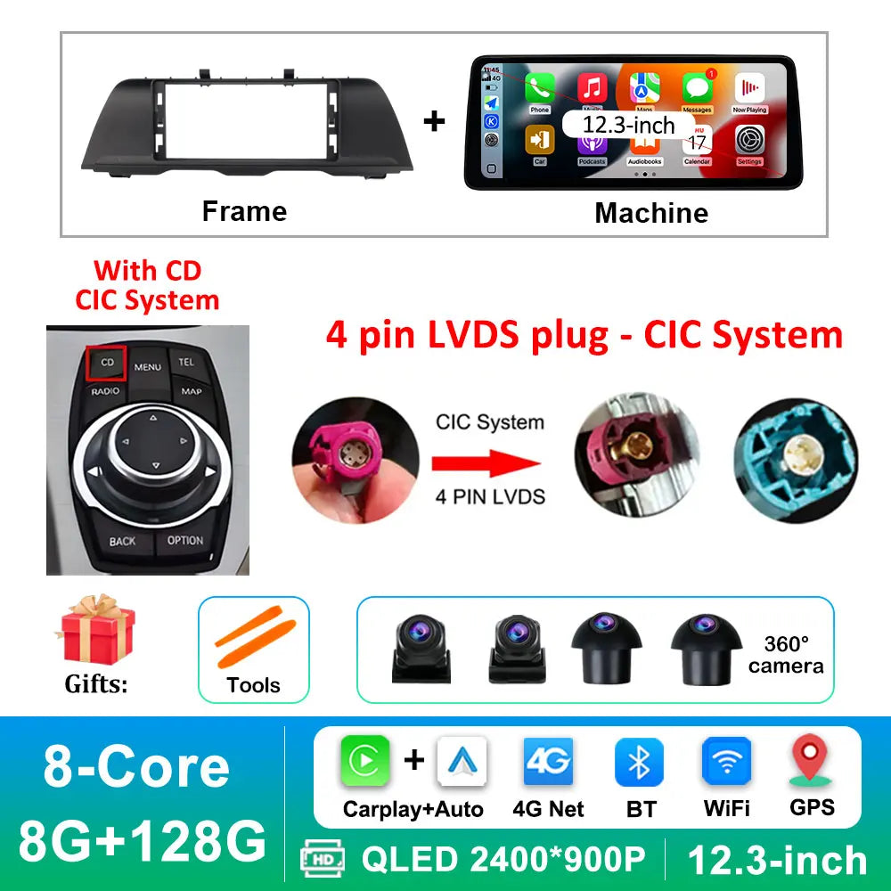 Android 16 Wireless Carplay Car Radio Multimedia Player for BMW 5 Series F10 F11 2010 - 2017 CIC NBT System QLED Screen GPS WiFi