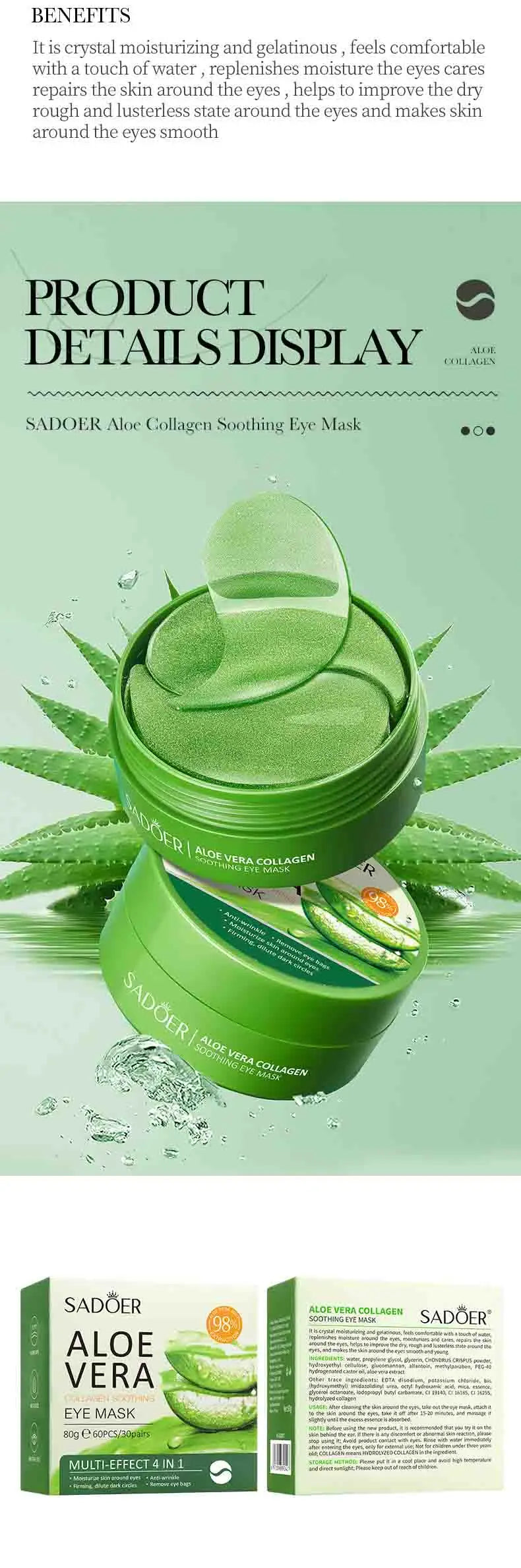 SADOER 60pcs Aloe Vera & Collagen Eye Masks – Anti Dark Circles, Eye Bags & Puffiness | Hydrating & Firming Under-Eye Patches for Women