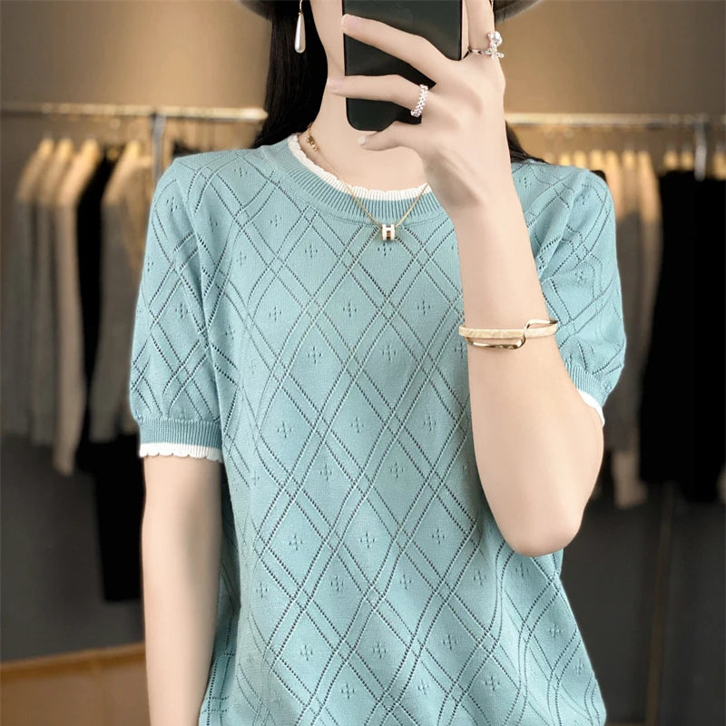 Pure Cotton Hollow Short-Sleeved Ladies Spring And Summer Loose Slim New Joker Knit Bottoming T-Shirt