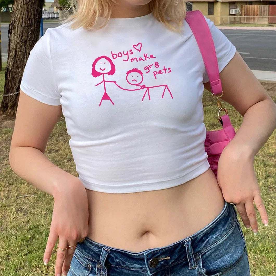 Boys Make Great Pets Y2K Crop Top Letter Print Graphic Tees Lady Girls Summer Baby Tee Female Casual Crop Shirt Cute T-shirts