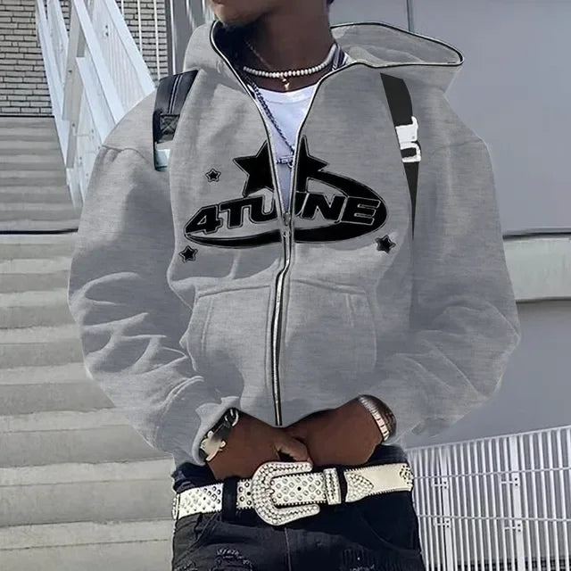 Men's Letter Print Zip-Up Hoodie, Hip Hop Style