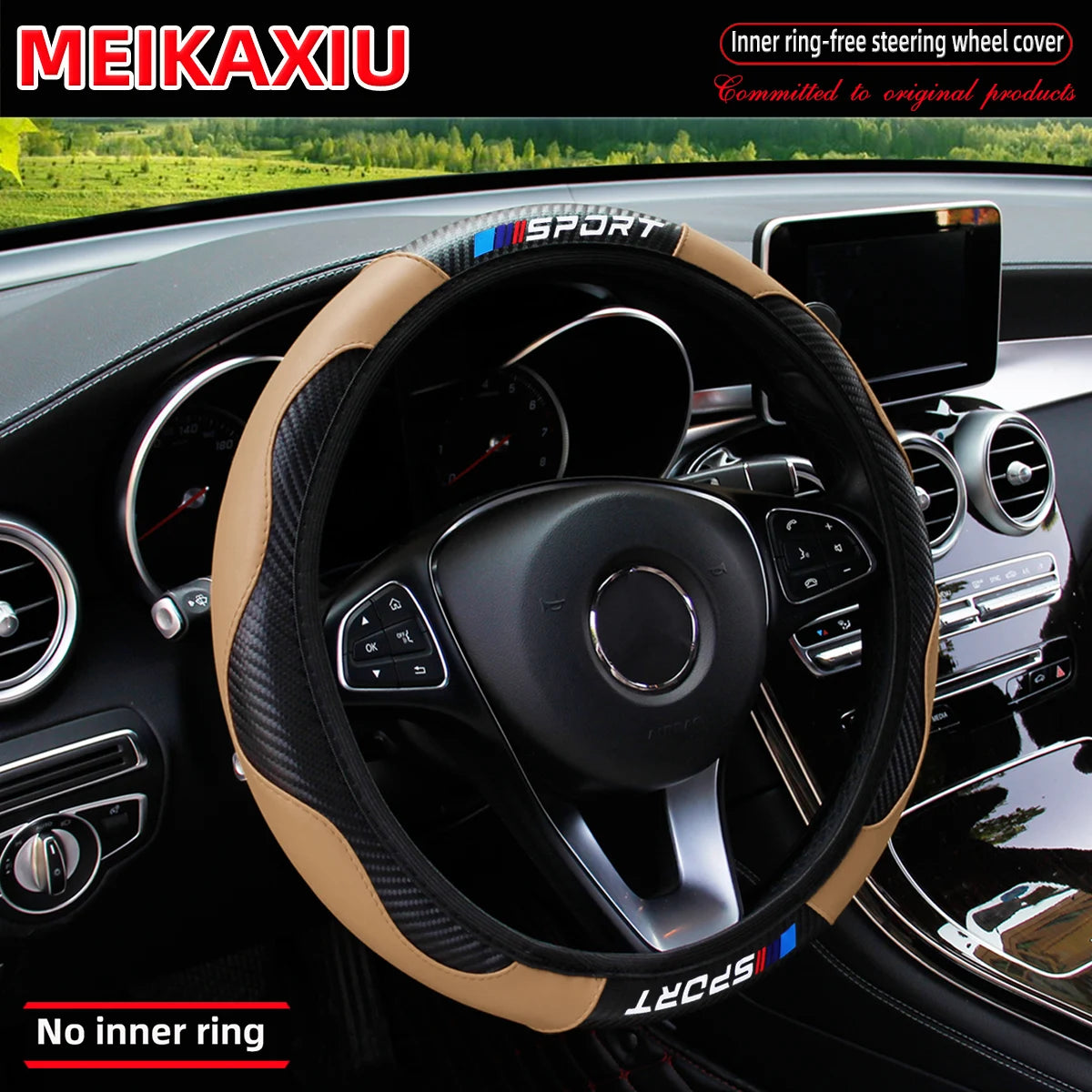 Carbon fiber leather SPORT car rimless steering wheel cover is suitable for 14.5 - 15-inch steering wheels as decoration items.