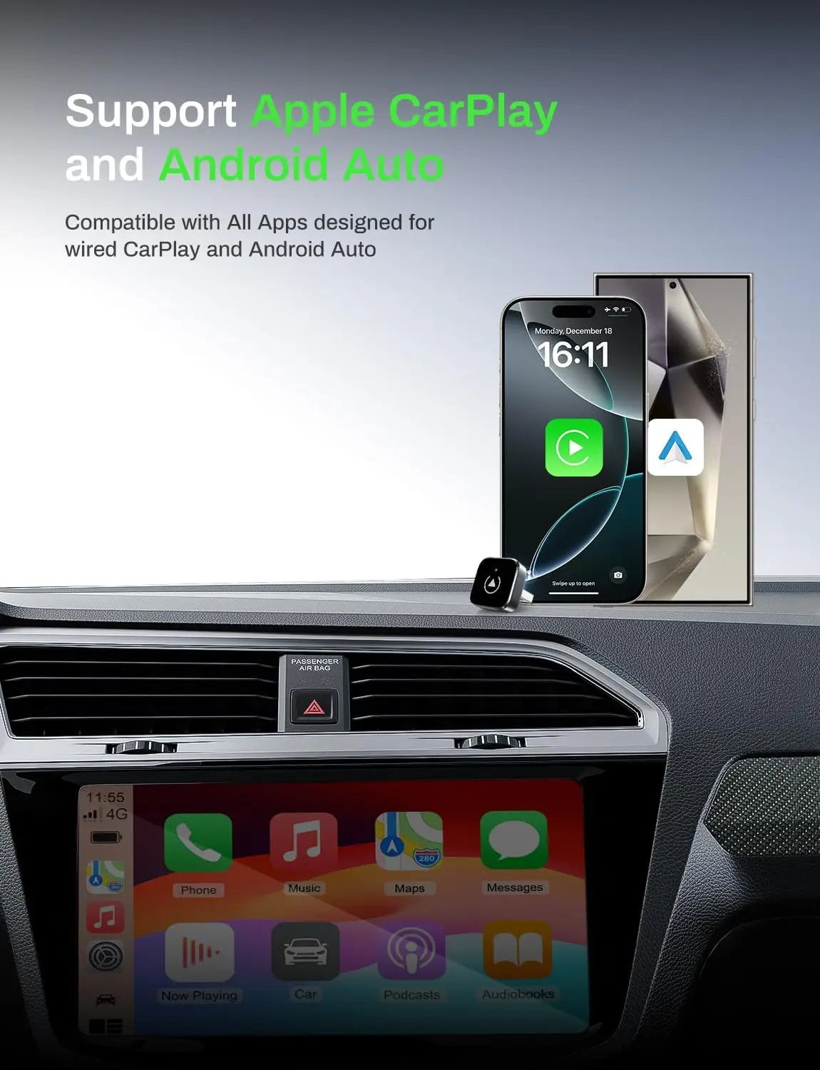 Wireless CarPlay & Android Auto Adapter — Compact Silver Dongle, Fast Auto-Connect