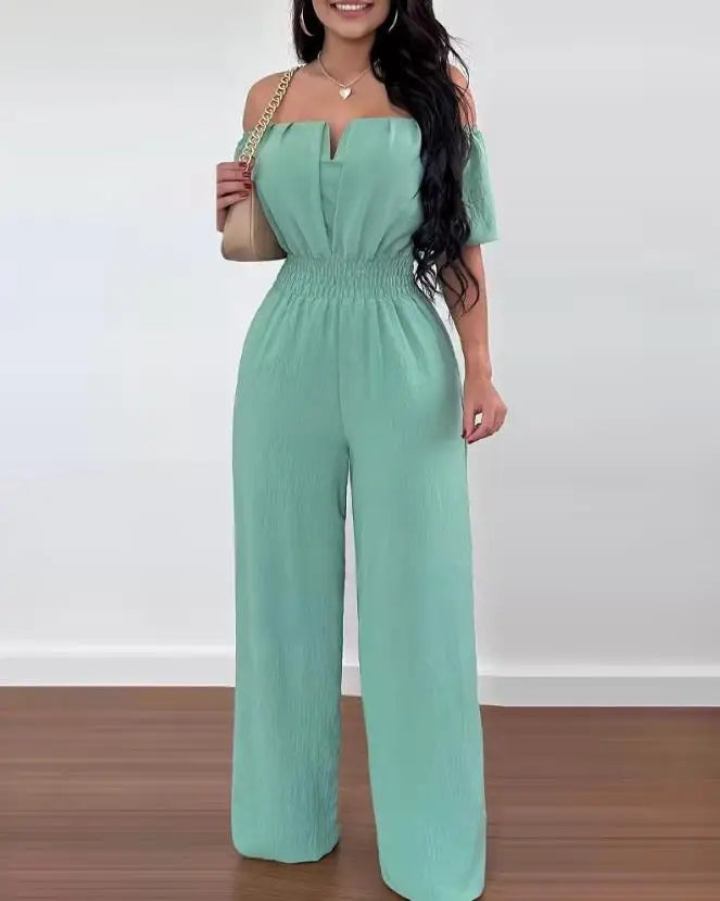Jumpsuits for Women 2026 Spring Fashion Off Shoulder Casual Plain Short Sleeve Shirred Waist Daily Long Wide Leg Jumpsuit 2026