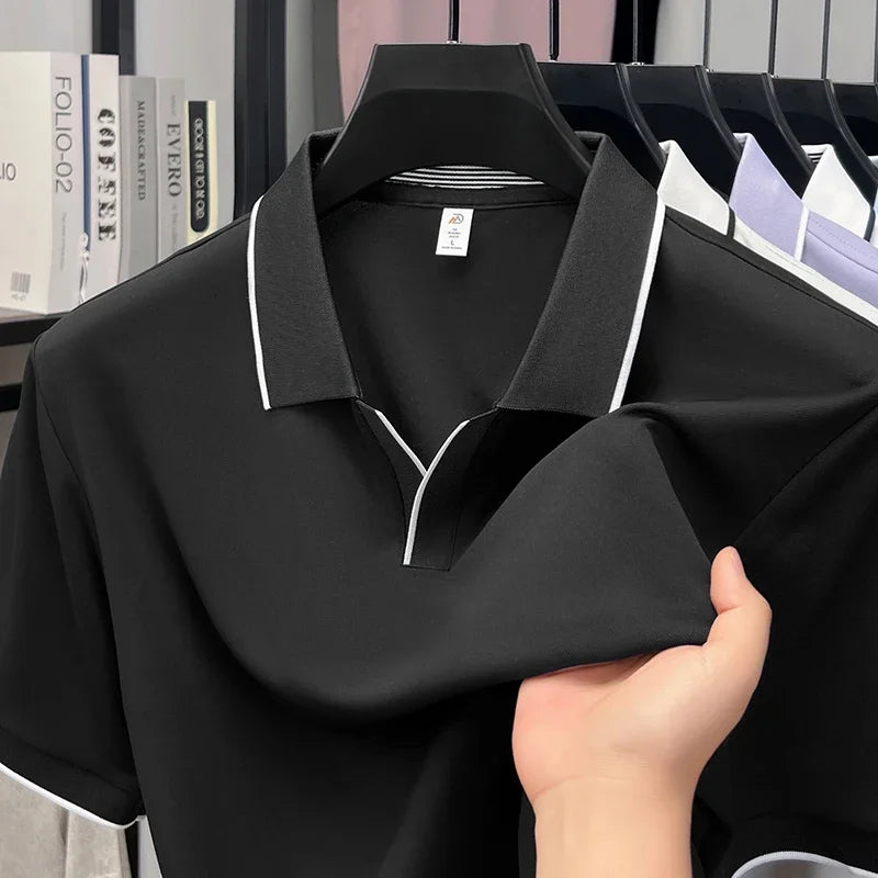 Men's Open-Neck Polo Tee - Silky Cooling Fabric, Breathable Slim