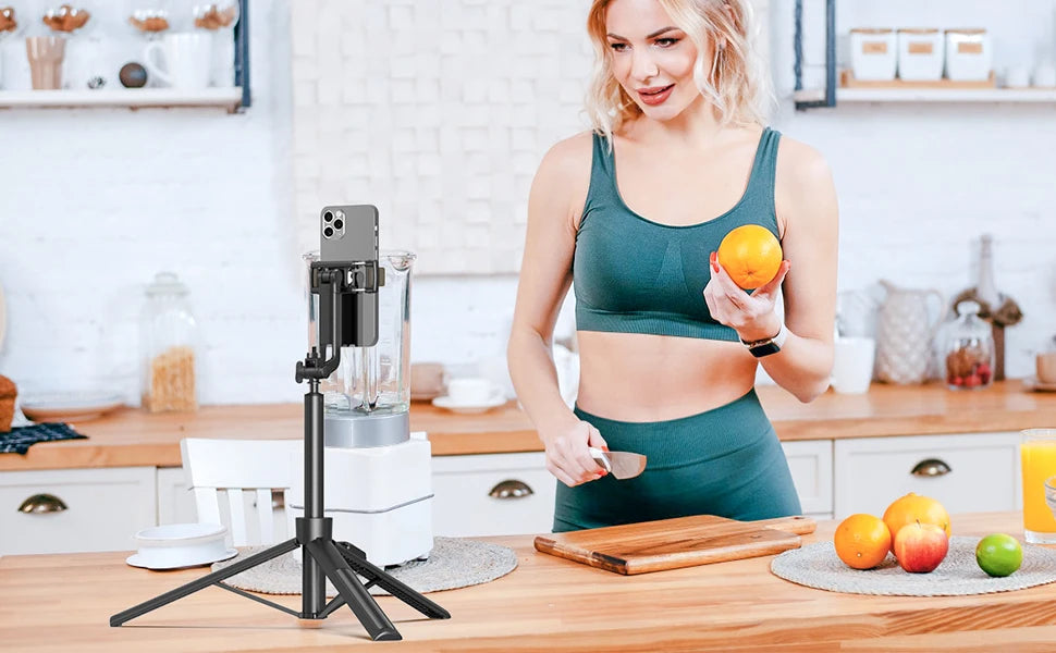 Selfie Stick Travel Tripod for Cell Phone with Remote Control and Phone Holder, Extendable Selfie Stick for iPhone, iPhone Tripod for Video Recording, 50 Inch, Black