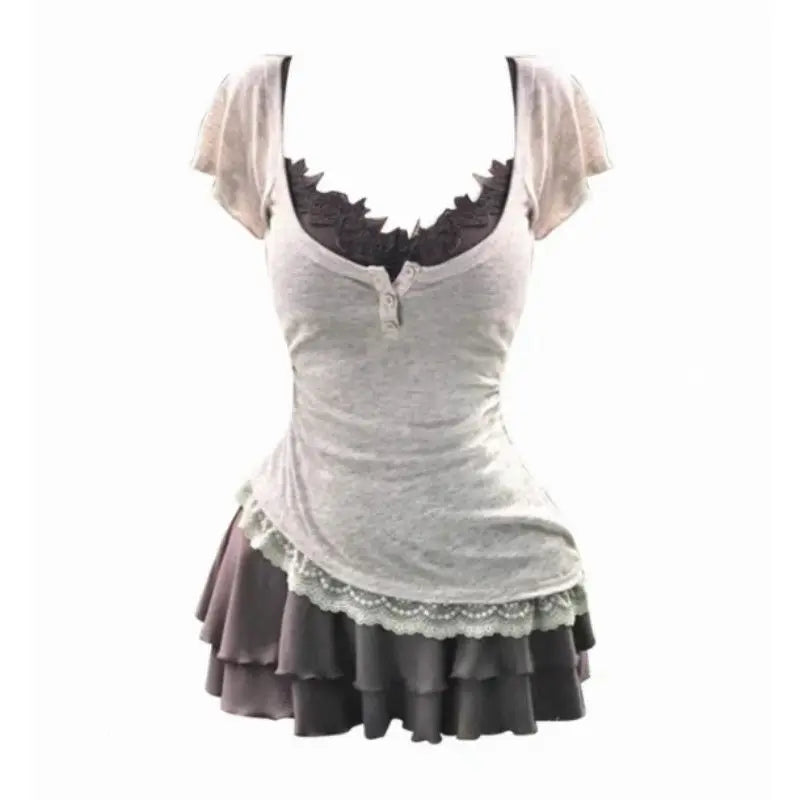 American Retro Two Piece Sets Women Gray Short Sleeve Henley Tops + Layered Ruffle Mini Skirts Harajuku Summer Lace Trim Outfits