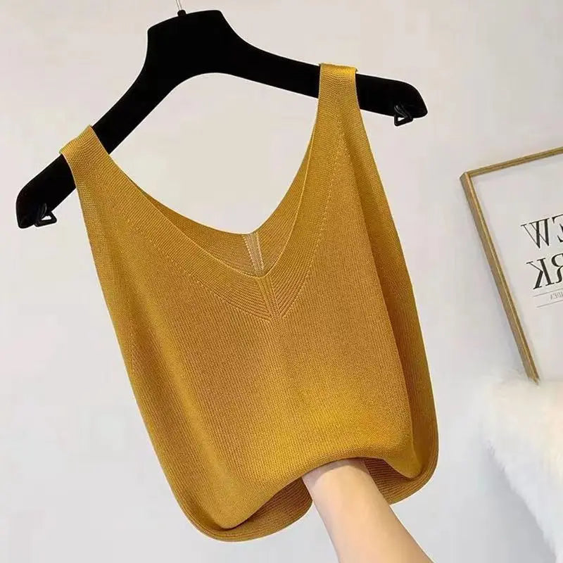 Plus Knit Tank Top V-Neck Ice Silk Sleeveless 2026 Summer Clothing Vests for Women Korean Fashion Loose Elegant Casual Cami Top